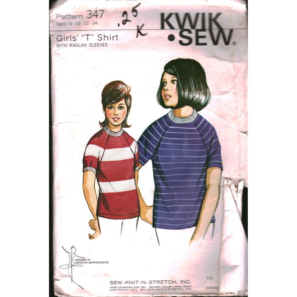 Vintage 1971 Kwik Sew 347 Girls T Shirt Raglan Sleeve Sewing Pattern Size 8